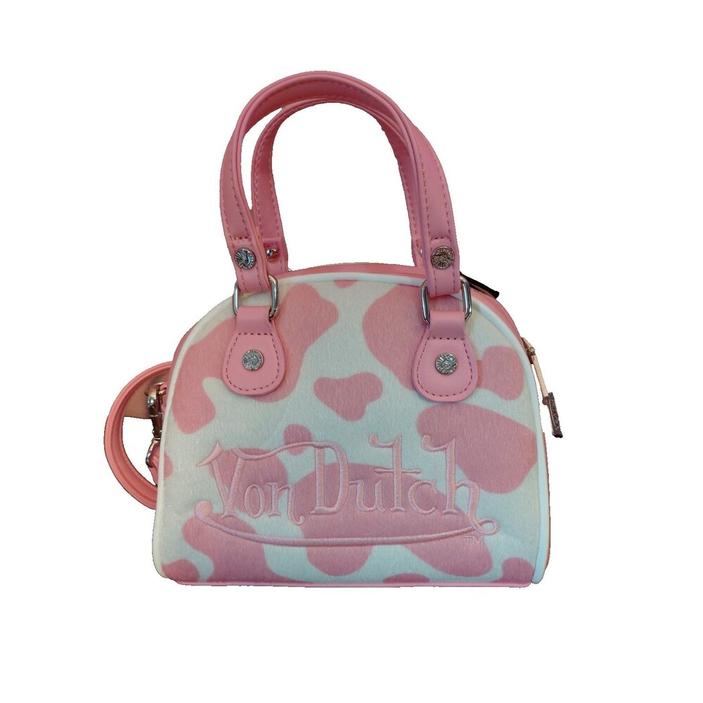 NWT Von Dutch Women’s Pink/White Cow Print Bowling Bag Vegan Leather